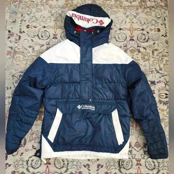 Columbia Mens Vintage Classic Navy Pullover Puffer Winter Hooded Jacket, sz SM - Picture 1 of 17